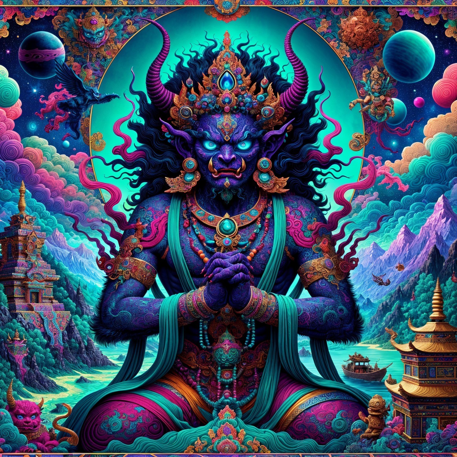 Vibrant Mystical Figure in Meditative Posture