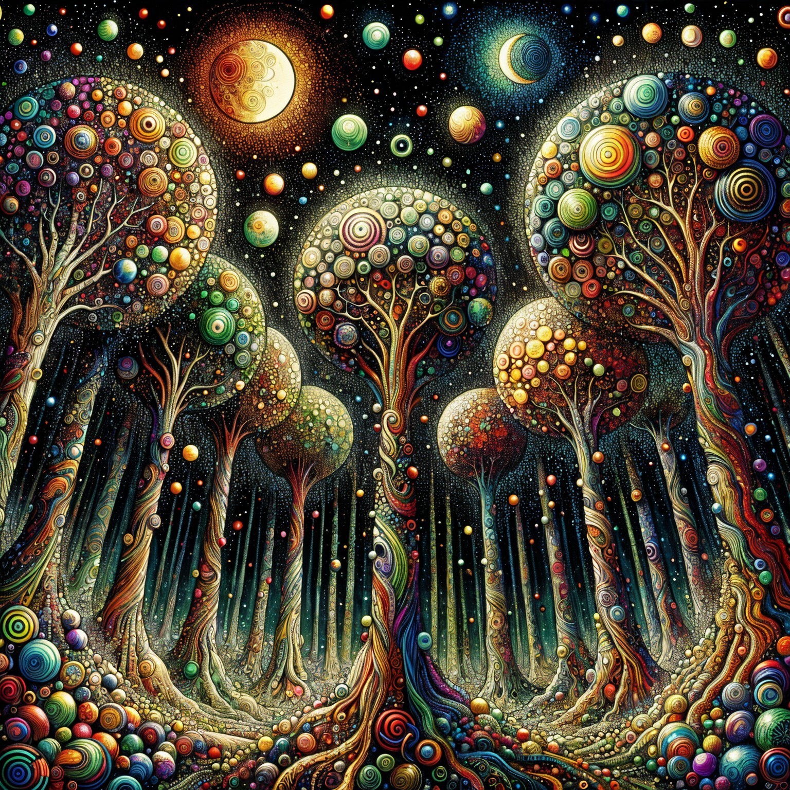 Surreal Forest Scene with Whimsical Trees and Stars