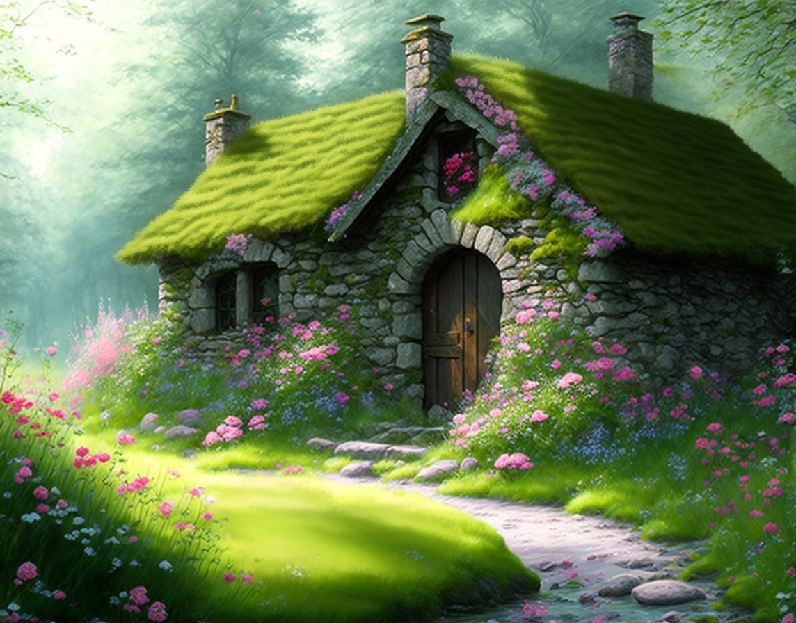 Serene forest glade with moss-covered stone cottage
