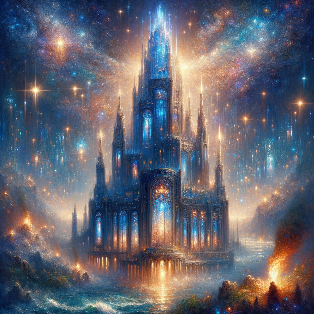Cosmic cathedral with radiant spires in star-studded nebula.