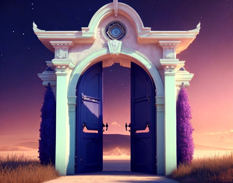 Majestic open gateway with dark blue doors under a purple twilight sky