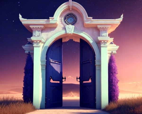 Majestic open gateway with dark blue doors under a purple twilight sky