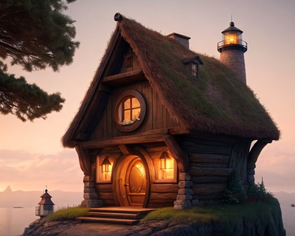 Thatched Roof Wooden House & Lighthouse Sunset Scene
