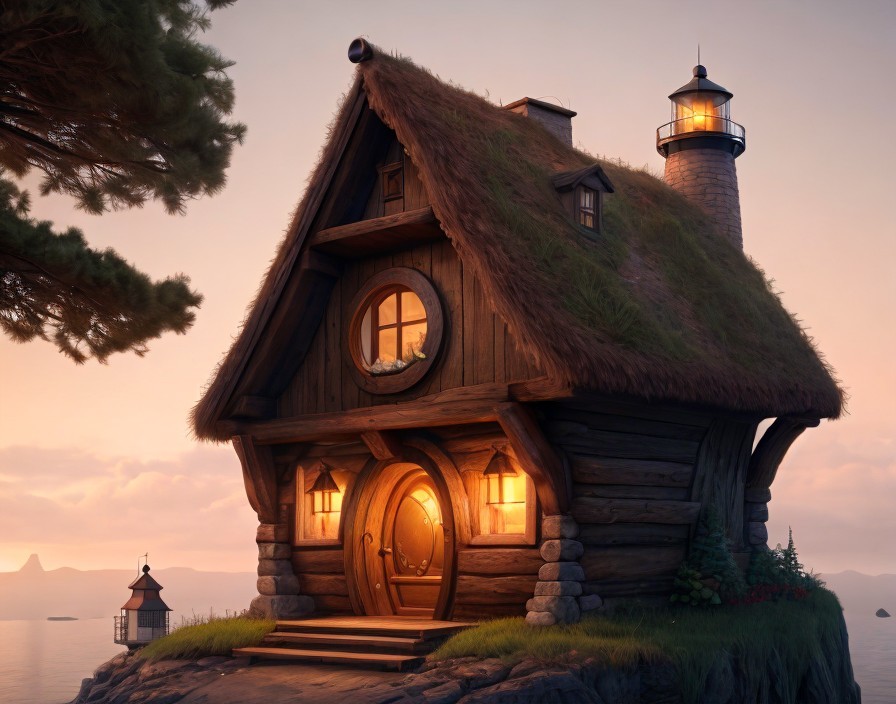 Thatched Roof Wooden House & Lighthouse Sunset Scene
