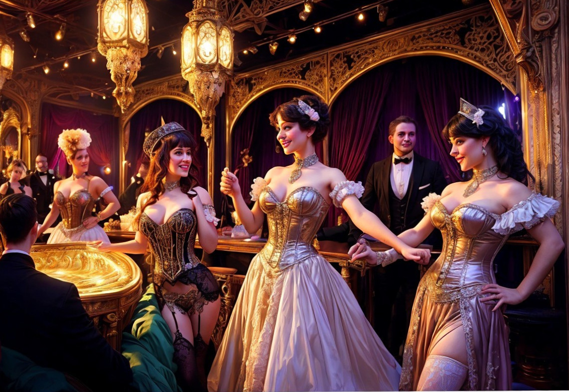 Vintage-style ball with elegantly dressed people and ornate decor