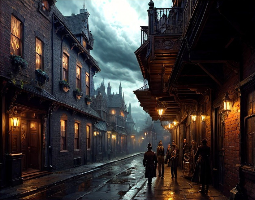 Twilight street scene with old-style buildings and gas lamps