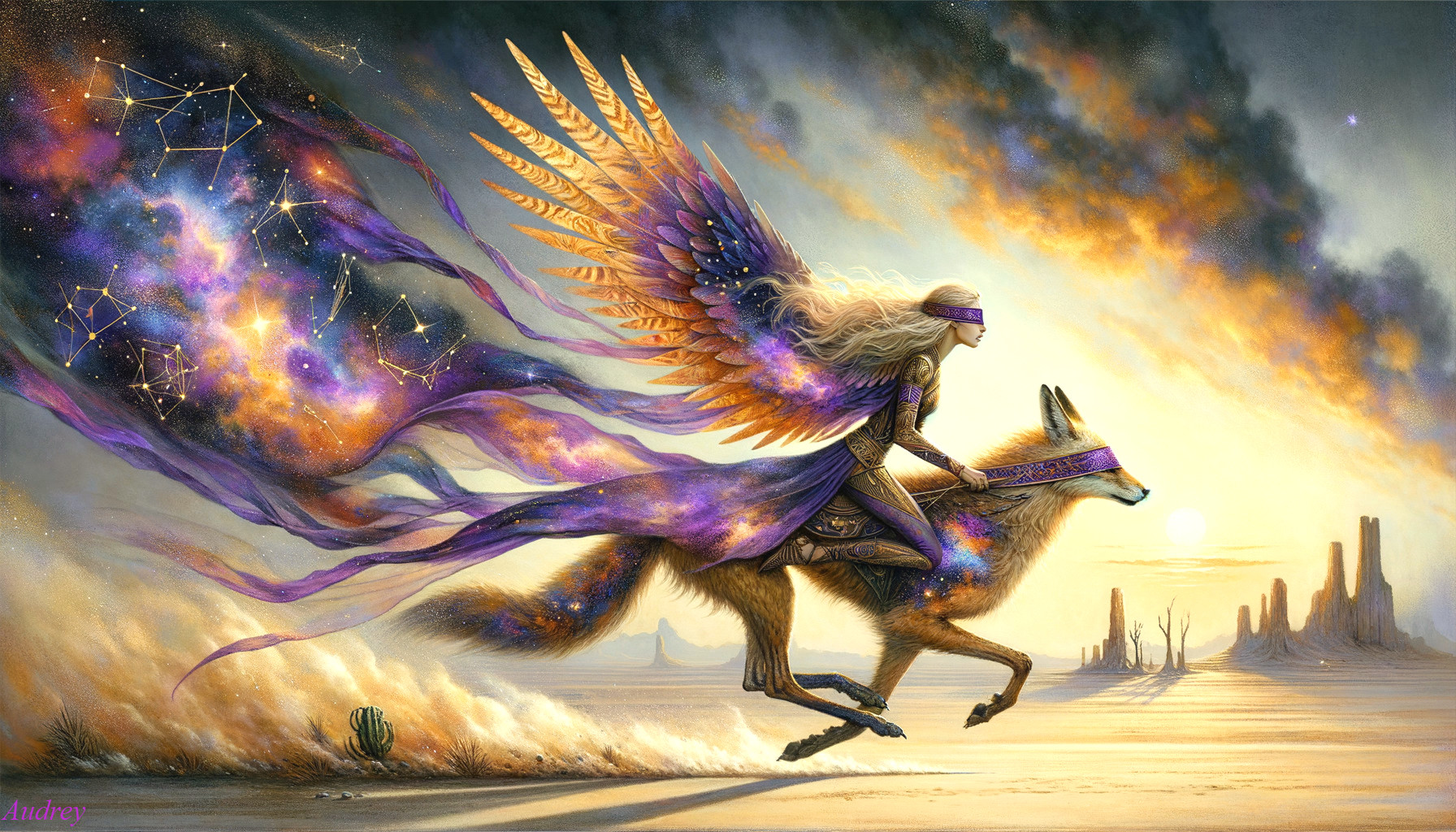 Blindfolded Winged Woman Riding Cosmic Fox in Desert