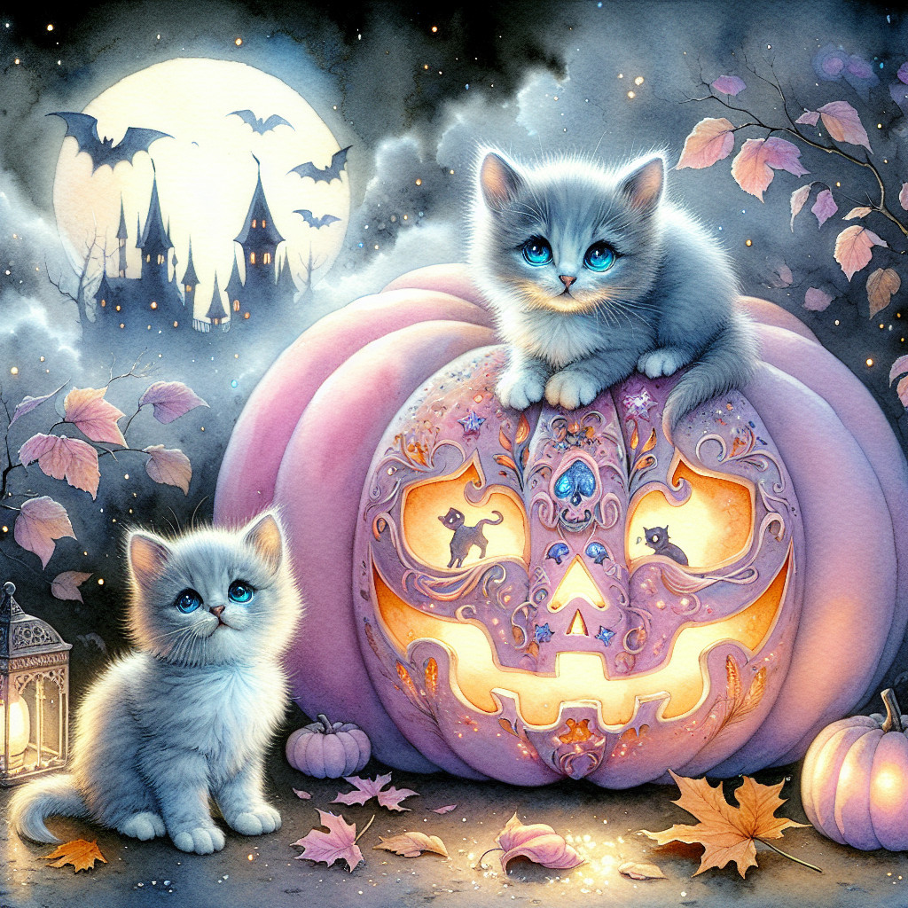 Kittens on Pumpkin Surrounded by Autumn Leaves and Castle