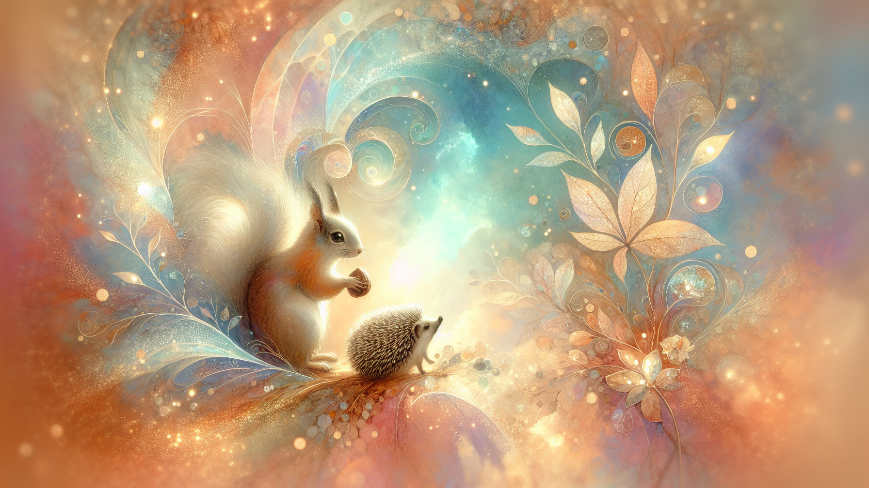 Pastel Landscape with Playful Squirrel and Hedgehog