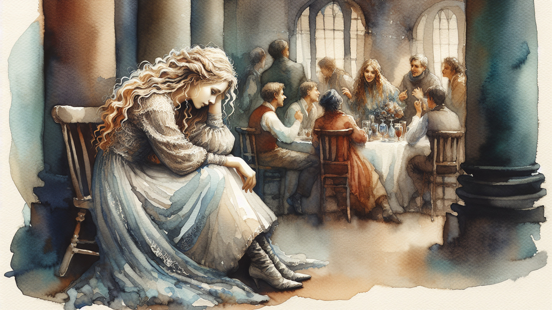 Watercolor Scene of a Sad Woman Amidst Celebration