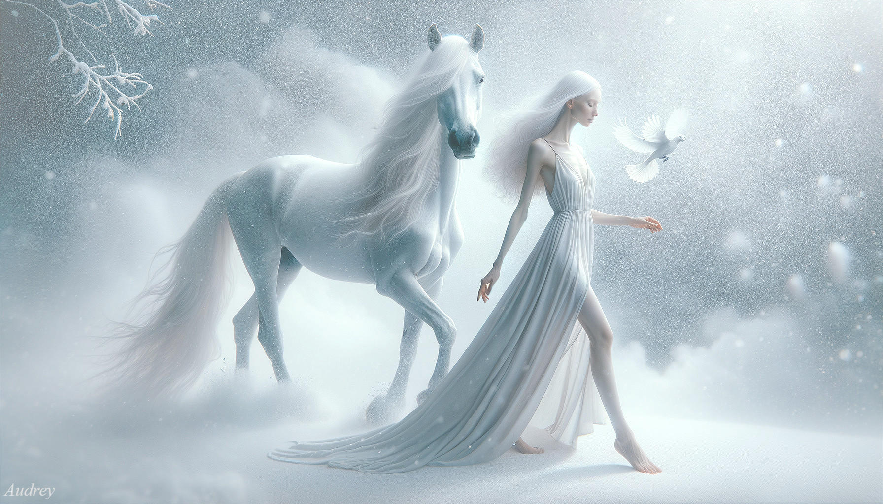 Serene Snowy Landscape with Ethereal Woman and Horse