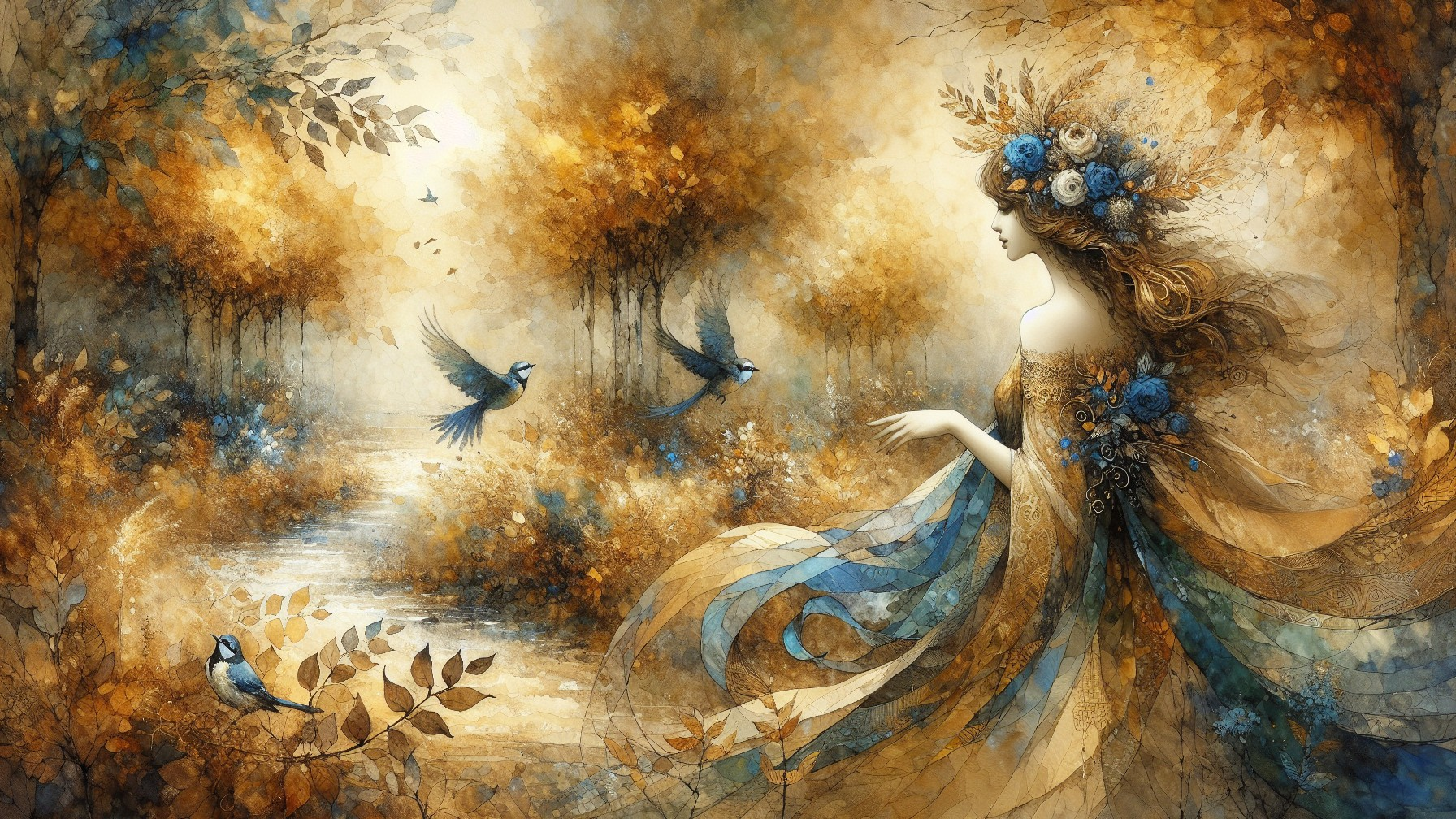 Serene landscape with a woman by a flowing river