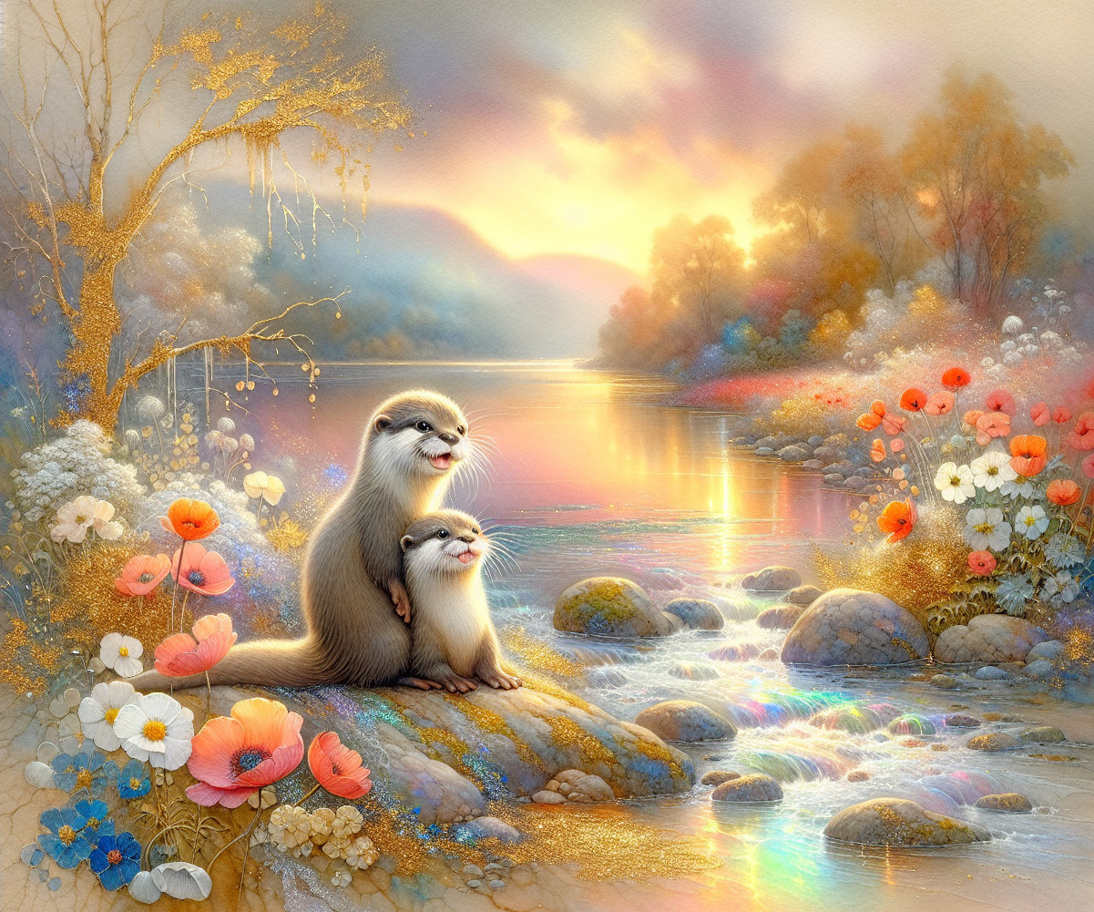 Sunset Landscape with Otters by a Tranquil River
