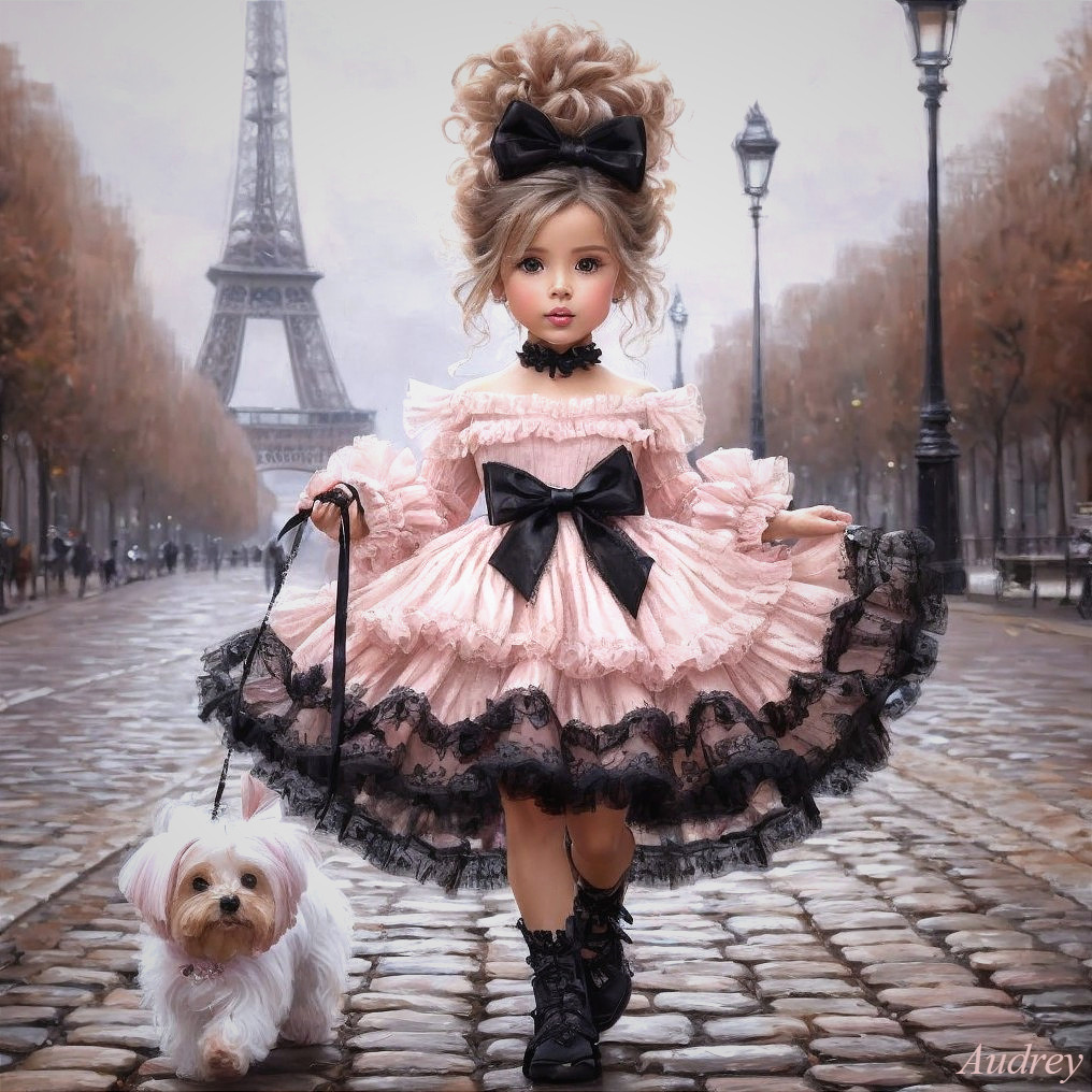 Charming Doll in Frilly Dress on Cobblestone Street
