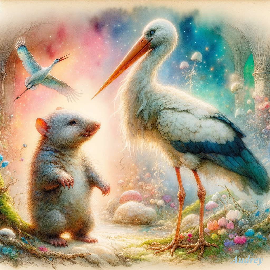Colorful illustration: Mouse and stork in enchanted forest with hummingbird