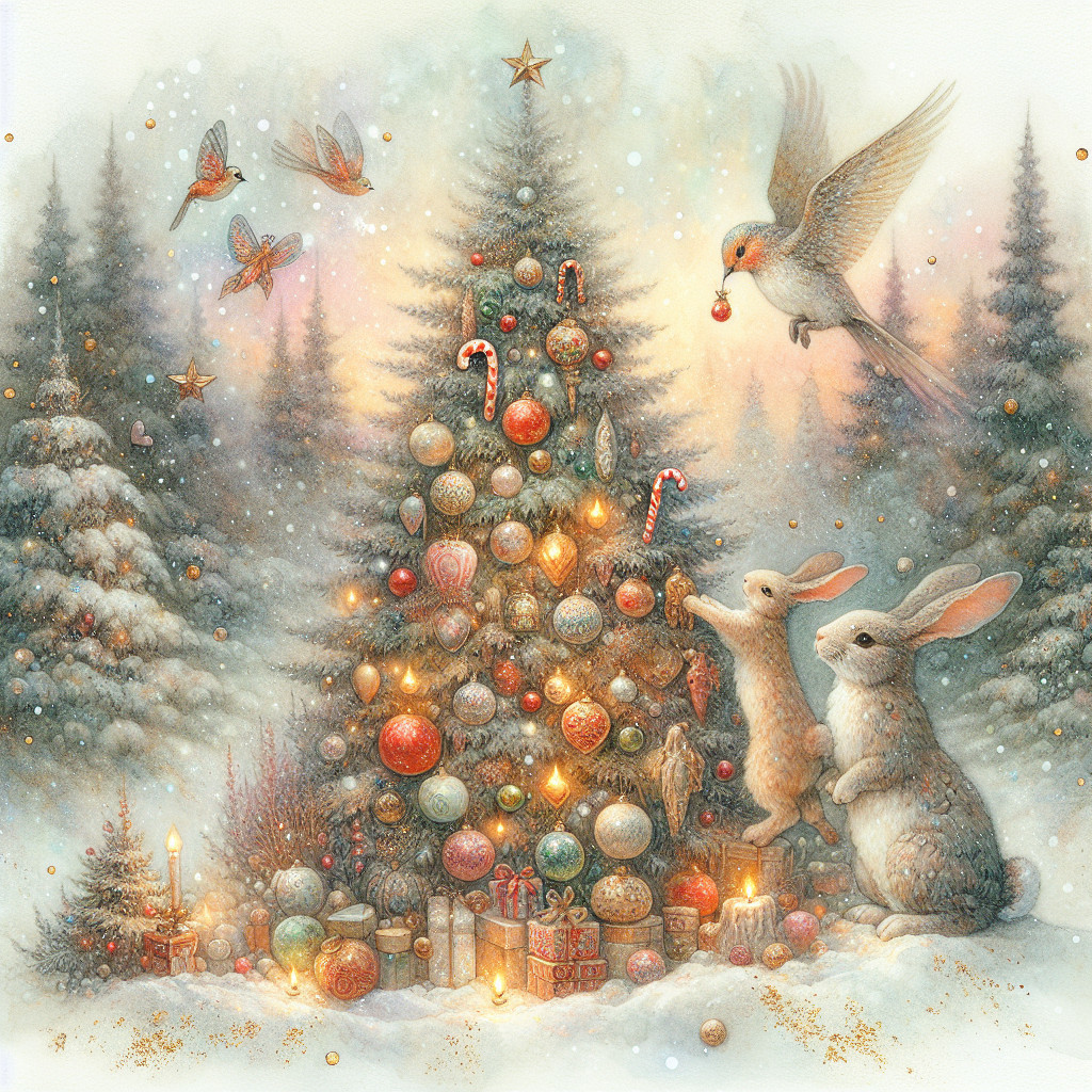 Whimsical Watercolor of Christmas Tree with Bunnies