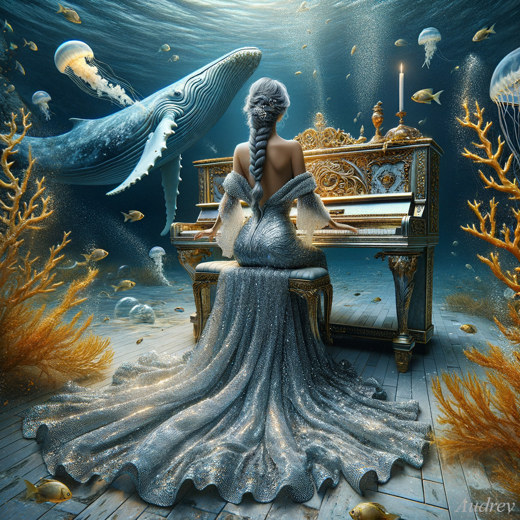 Underwater Scene with Woman at Grand Piano