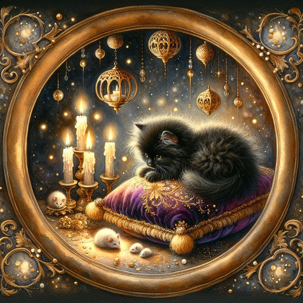 Fluffy black kitten on purple pillow with mice and candles