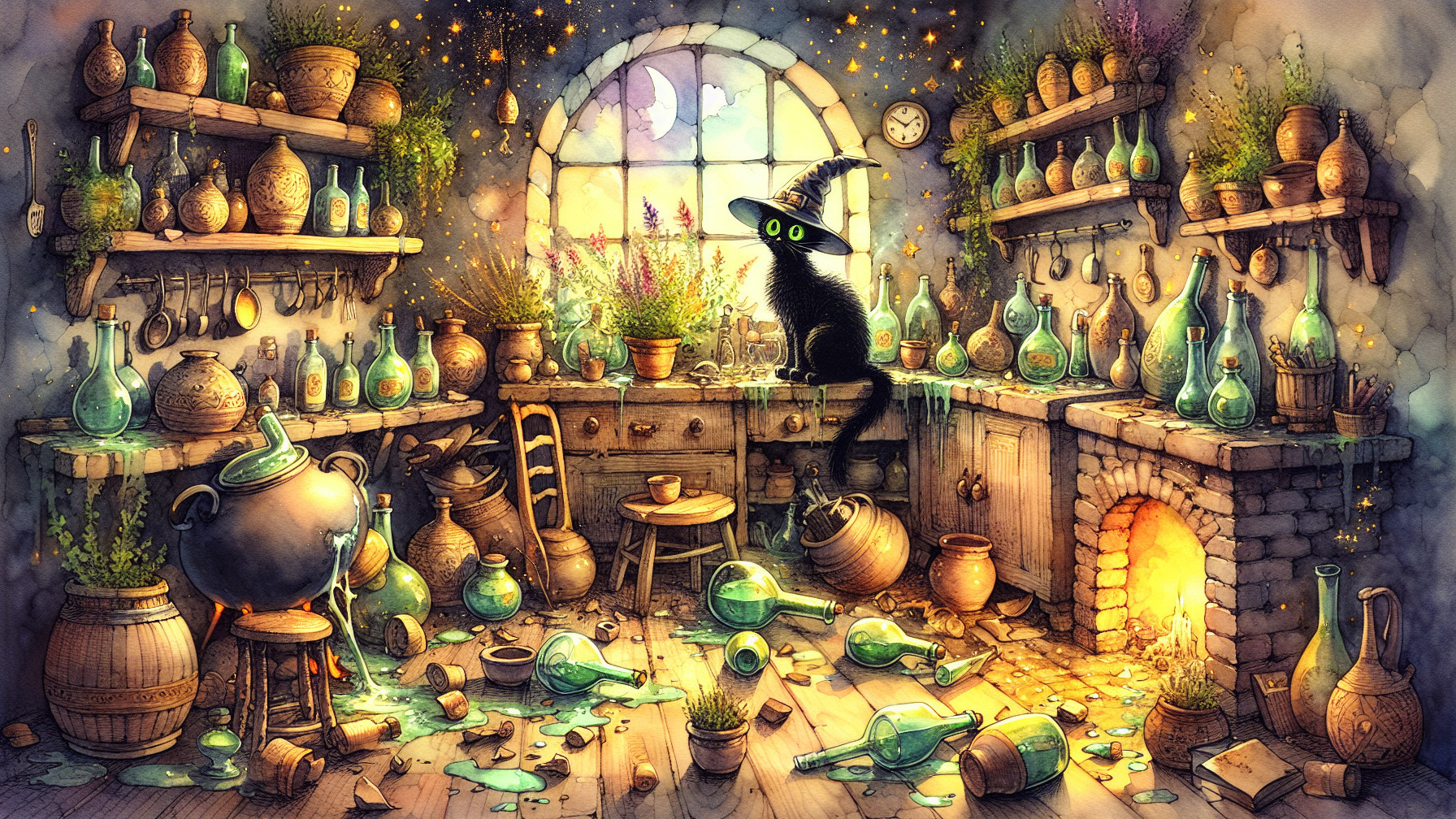 Whimsical Potion Room with Black Cat and Glass Bottles