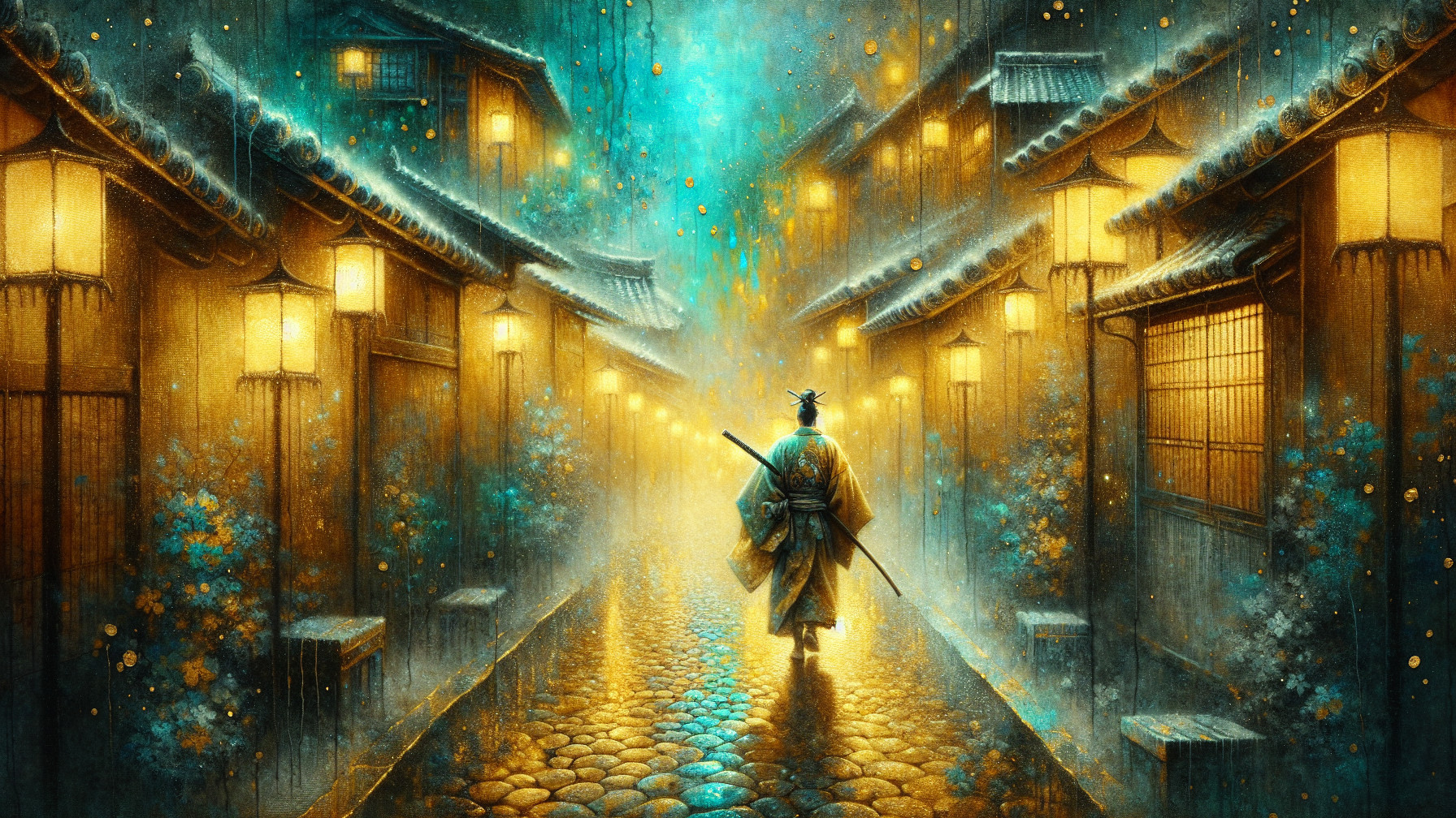 Solitary Figure Walking in Misty Lantern-Lit Alley