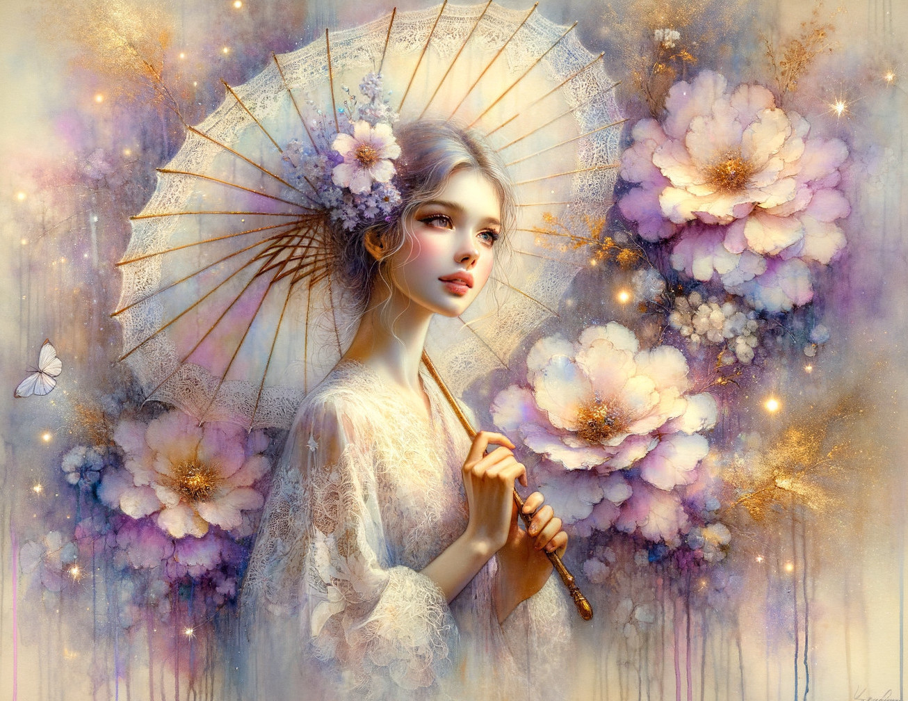 Serene Woman with Lace Parasol in Pastel Flowers