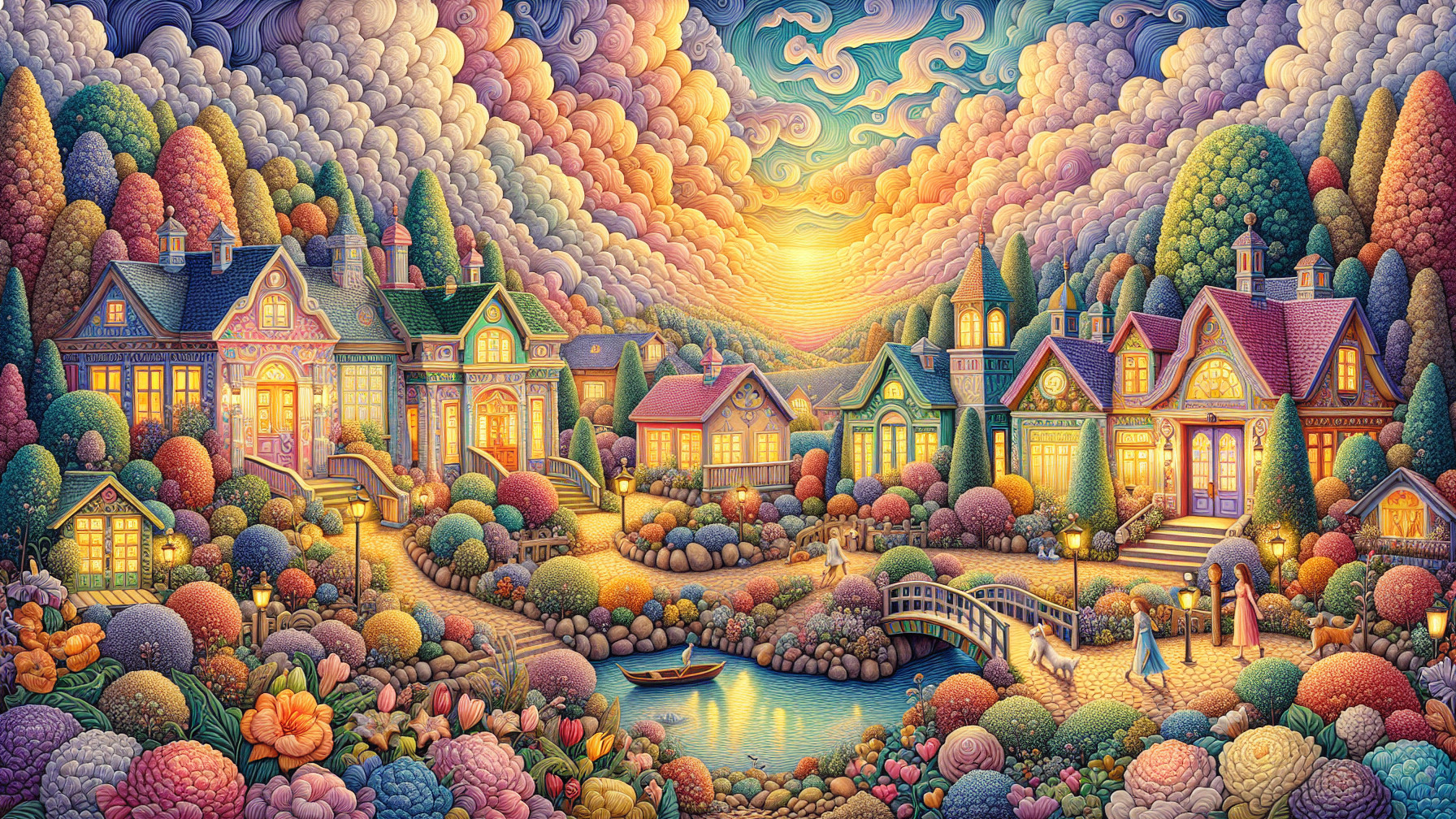 Whimsical Village Scene with Vibrant Sky and Pond