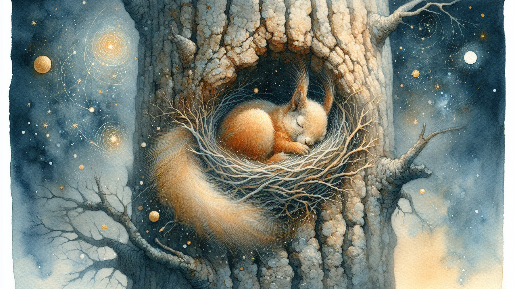 Dreamy Squirrel Nest in an Ancient Tree at Night