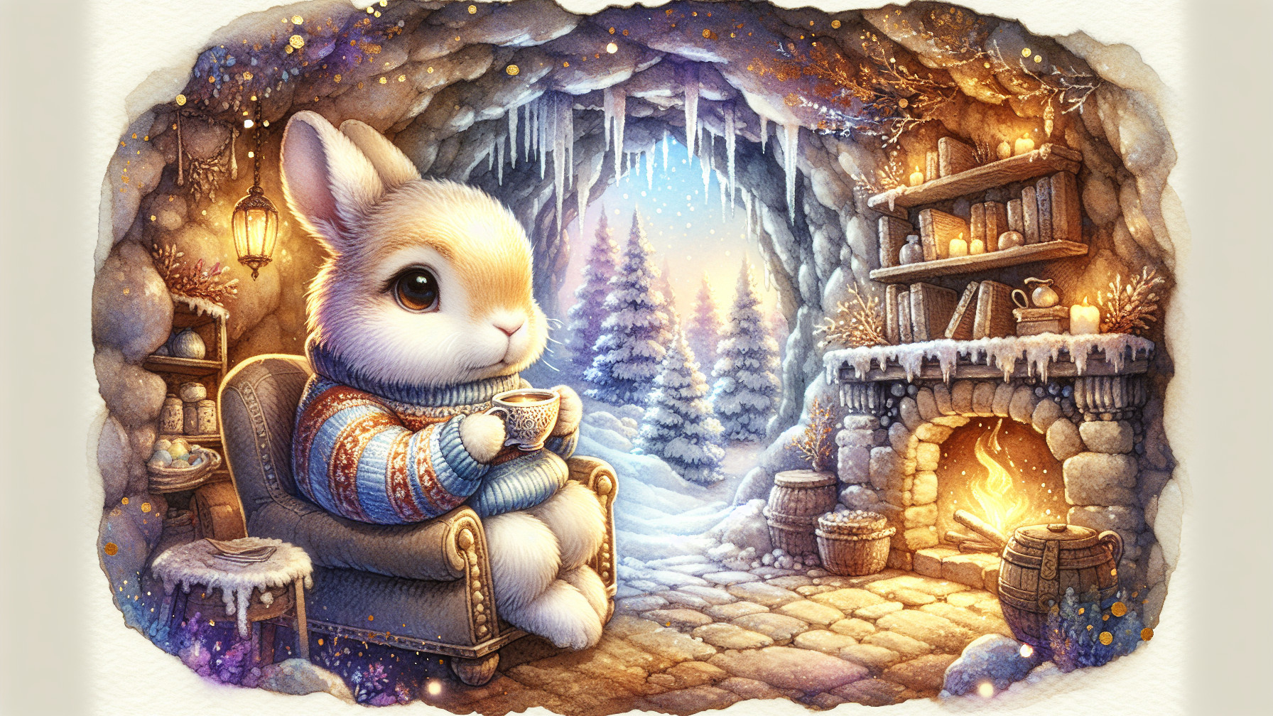 Cozy Rabbit in Sweater by Fireplace with Snowy View