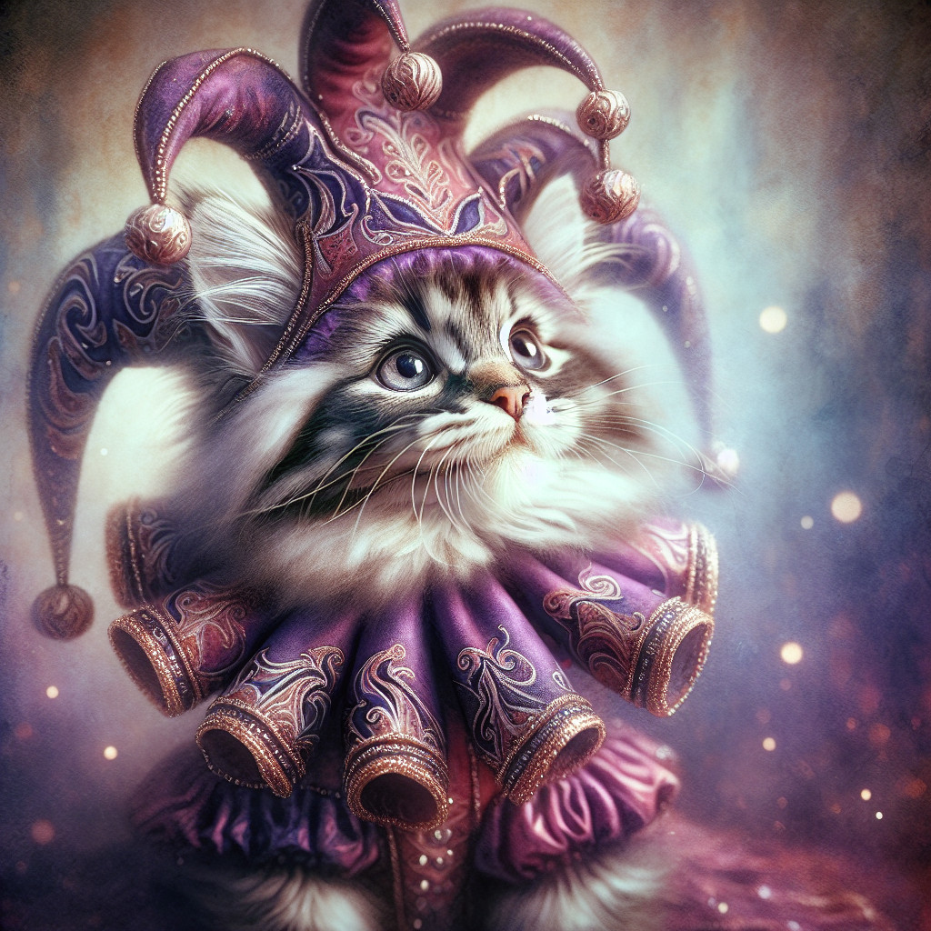 Whimsical Cat in Colorful Jester Costume with Bells
