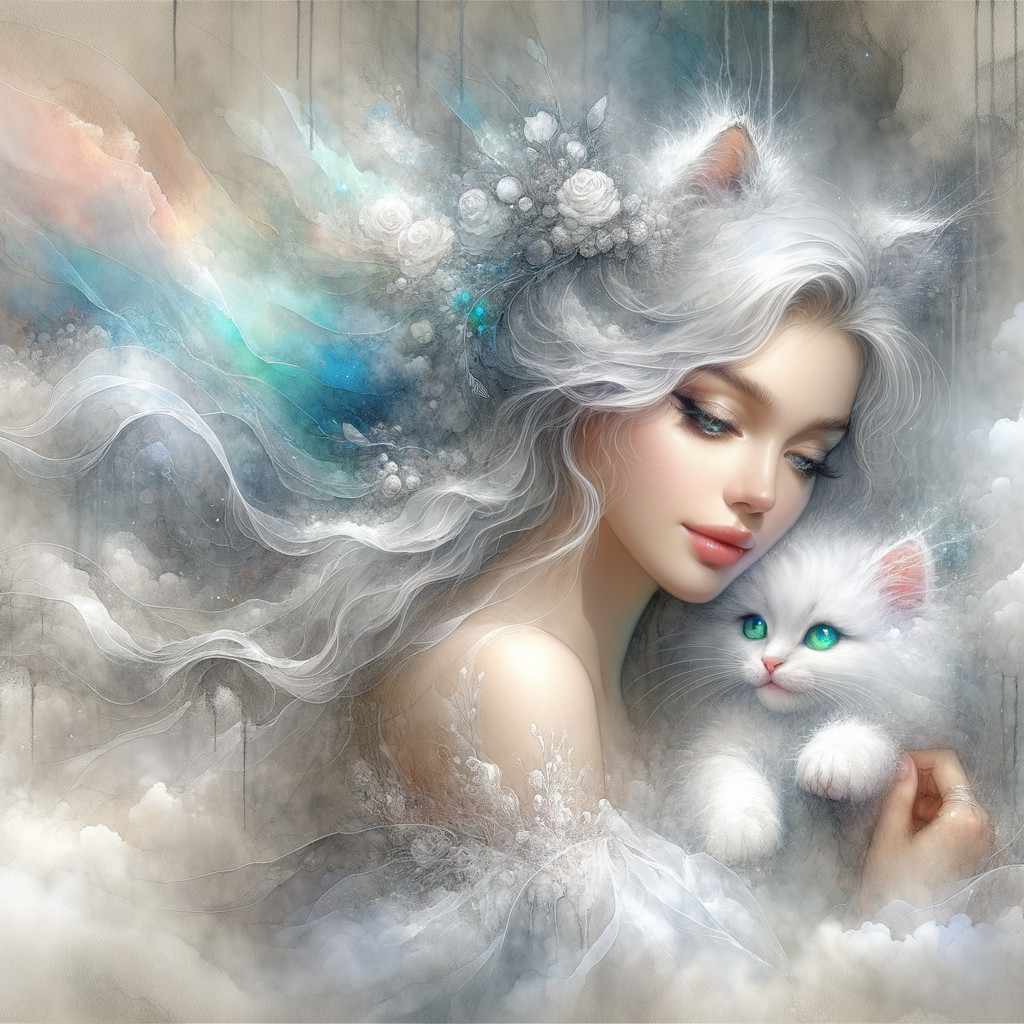 Fantasy Illustration of Woman with Cat Ears and Kitten