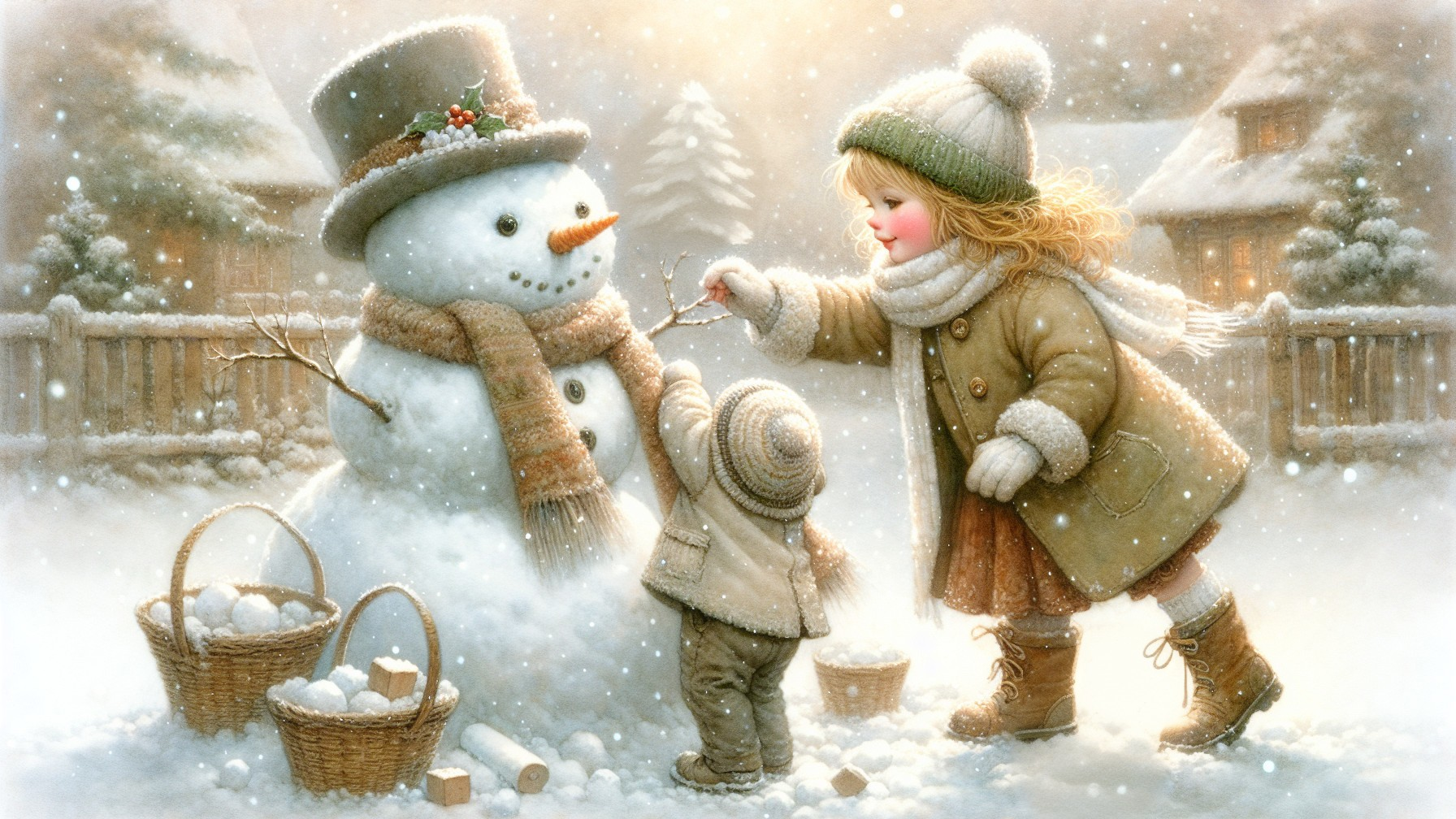 Winter Scene of Children Decorating a Snowman