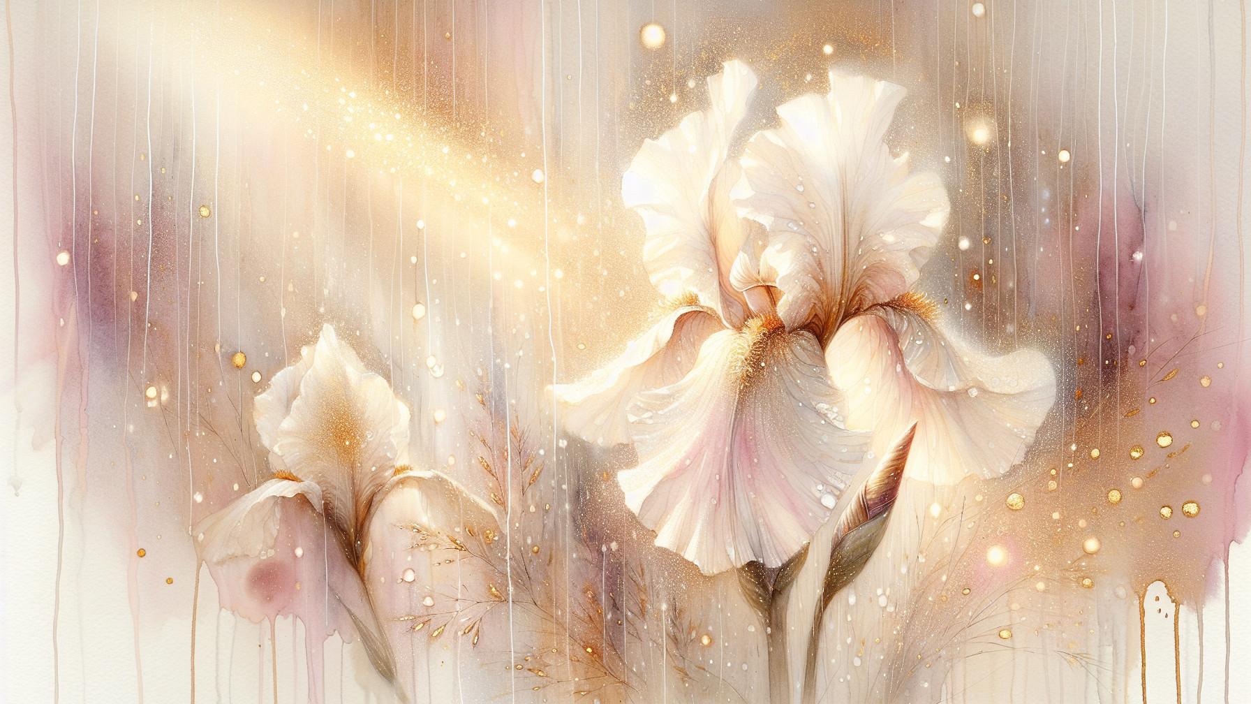 Watercolor Painting of White Irises with Dreamy Background