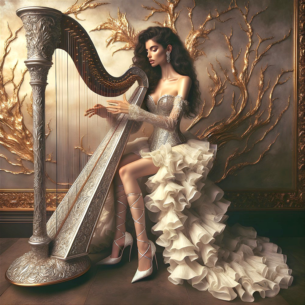 Woman in Glamorous Gown Playing Ornate Harp