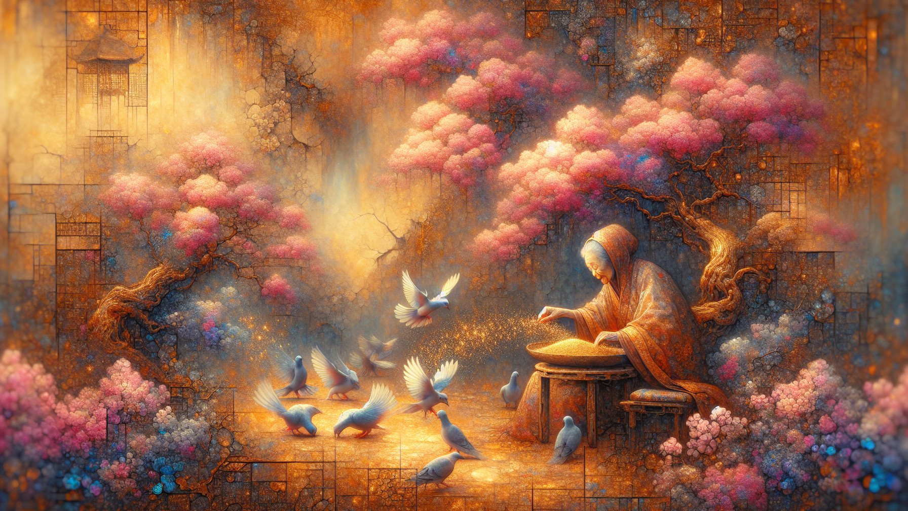 Elderly Figure Scattering Seeds Under Cherry Blossoms