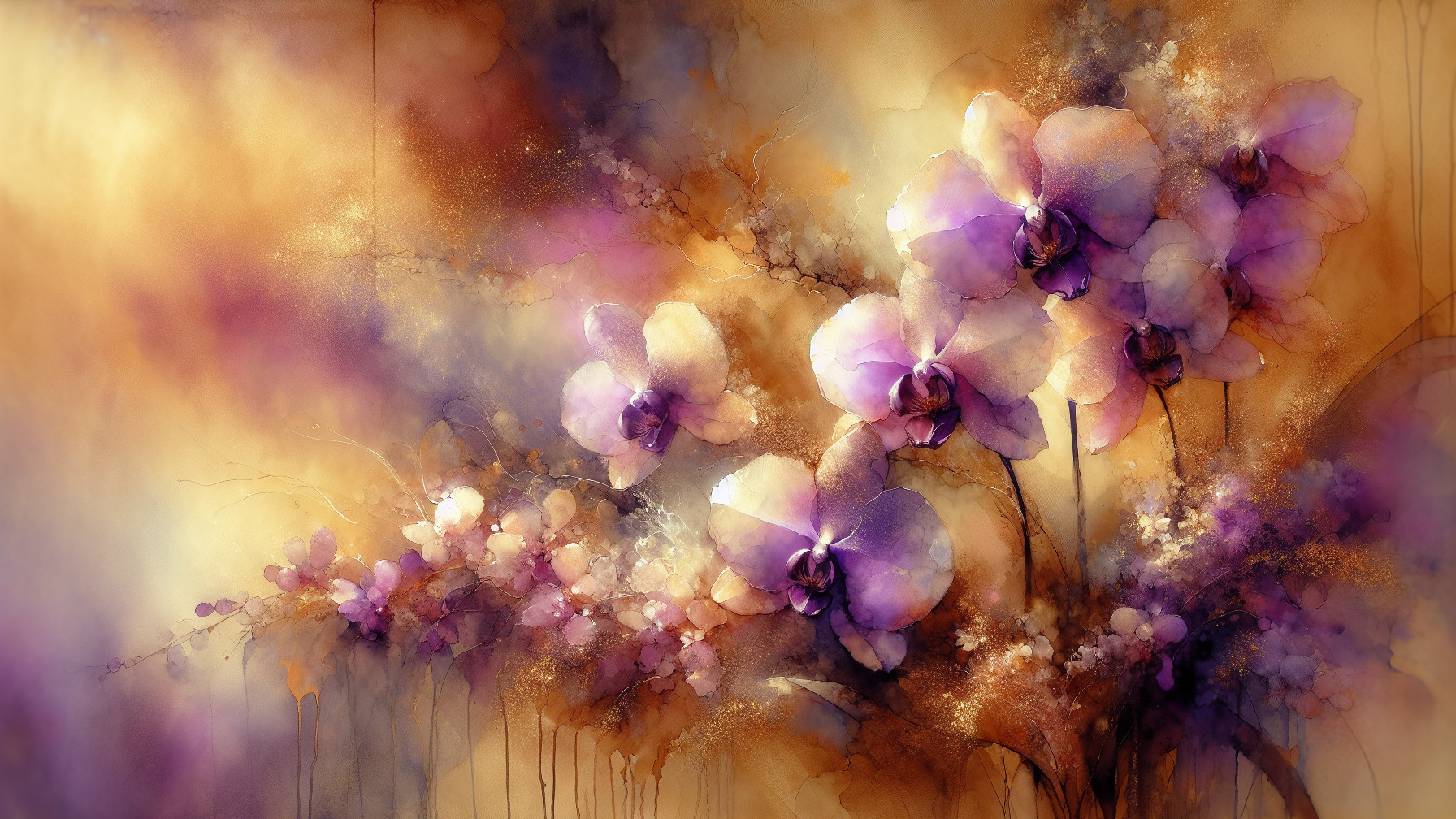 Watercolor Painting of Purple Orchids on Golden Background