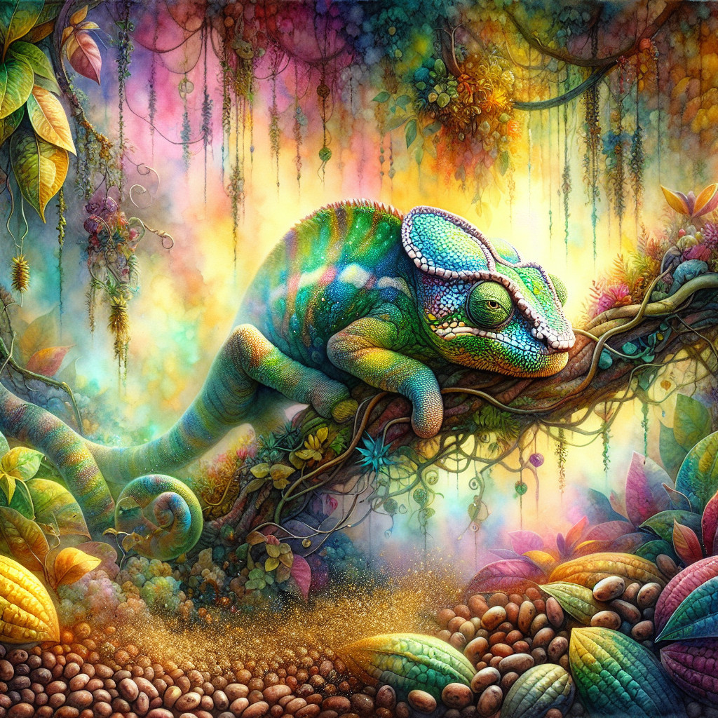 Chameleon on Branch Amidst Lush Tropical Foliage