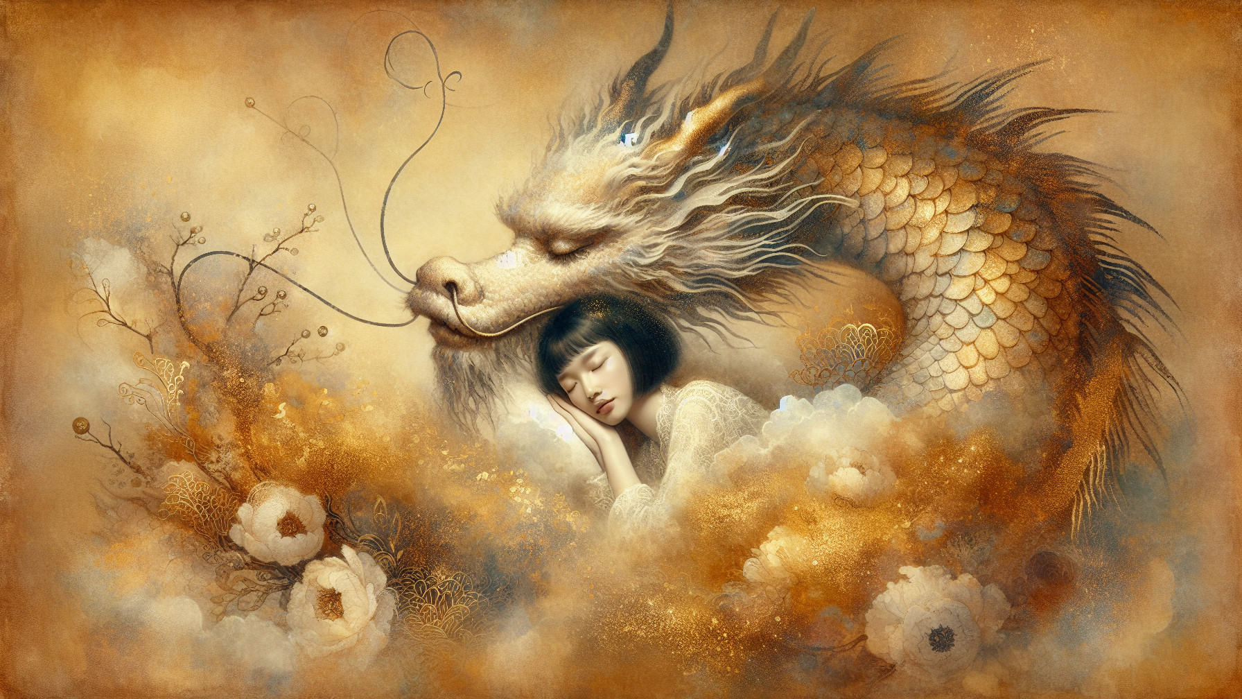 Dream-like Painting of Woman and Chinese Dragon