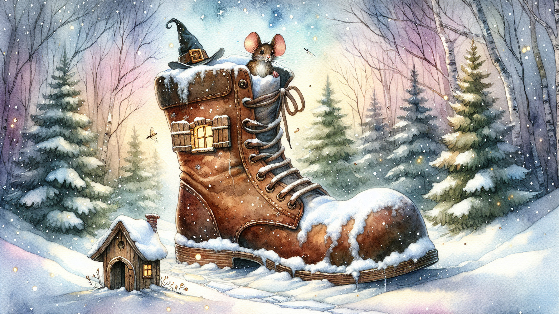 Whimsical Winter Landscape with Snow-Covered Boot
