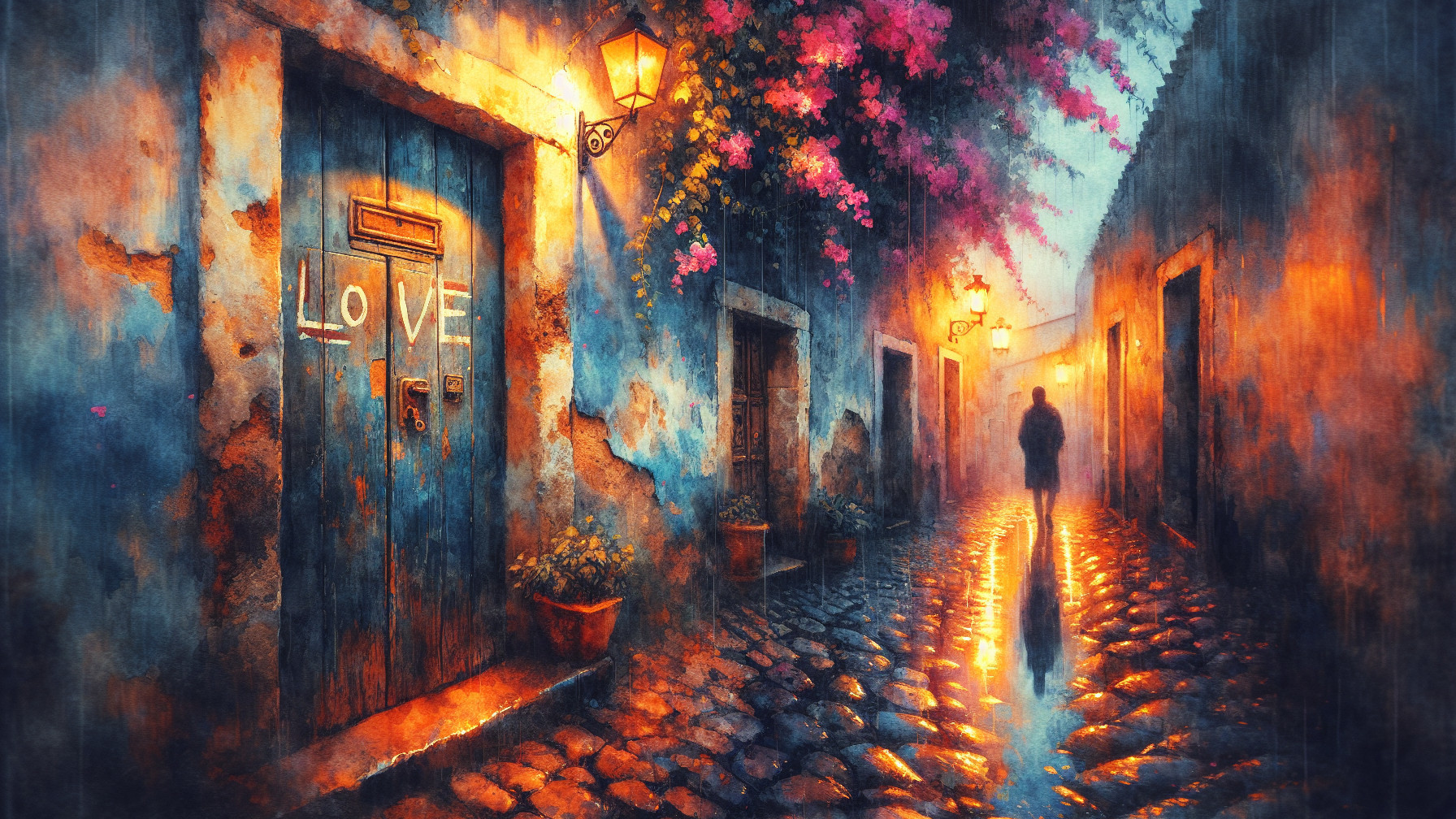 Twilight Street Scene with Bougainvillea and Lanterns