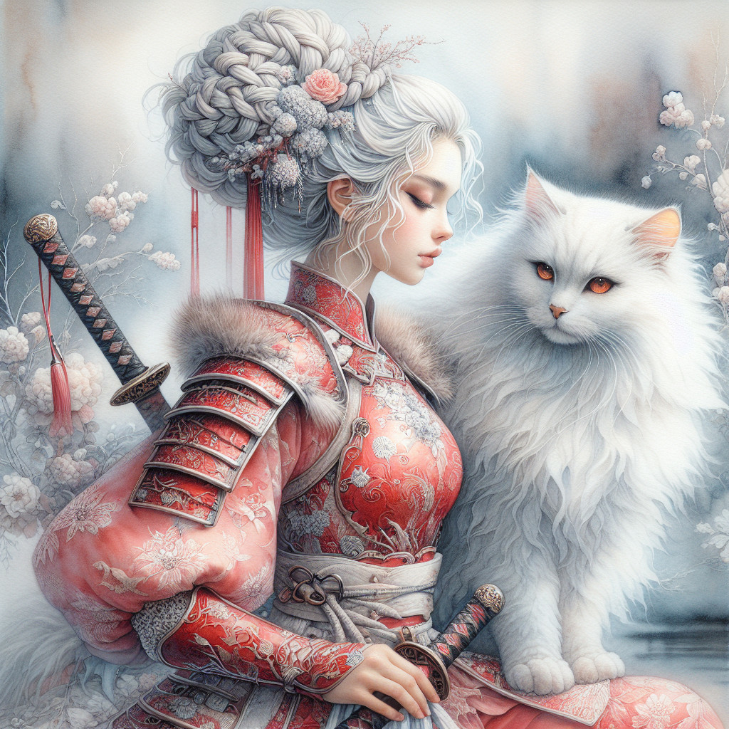 Young Woman in Traditional Attire with White Cat