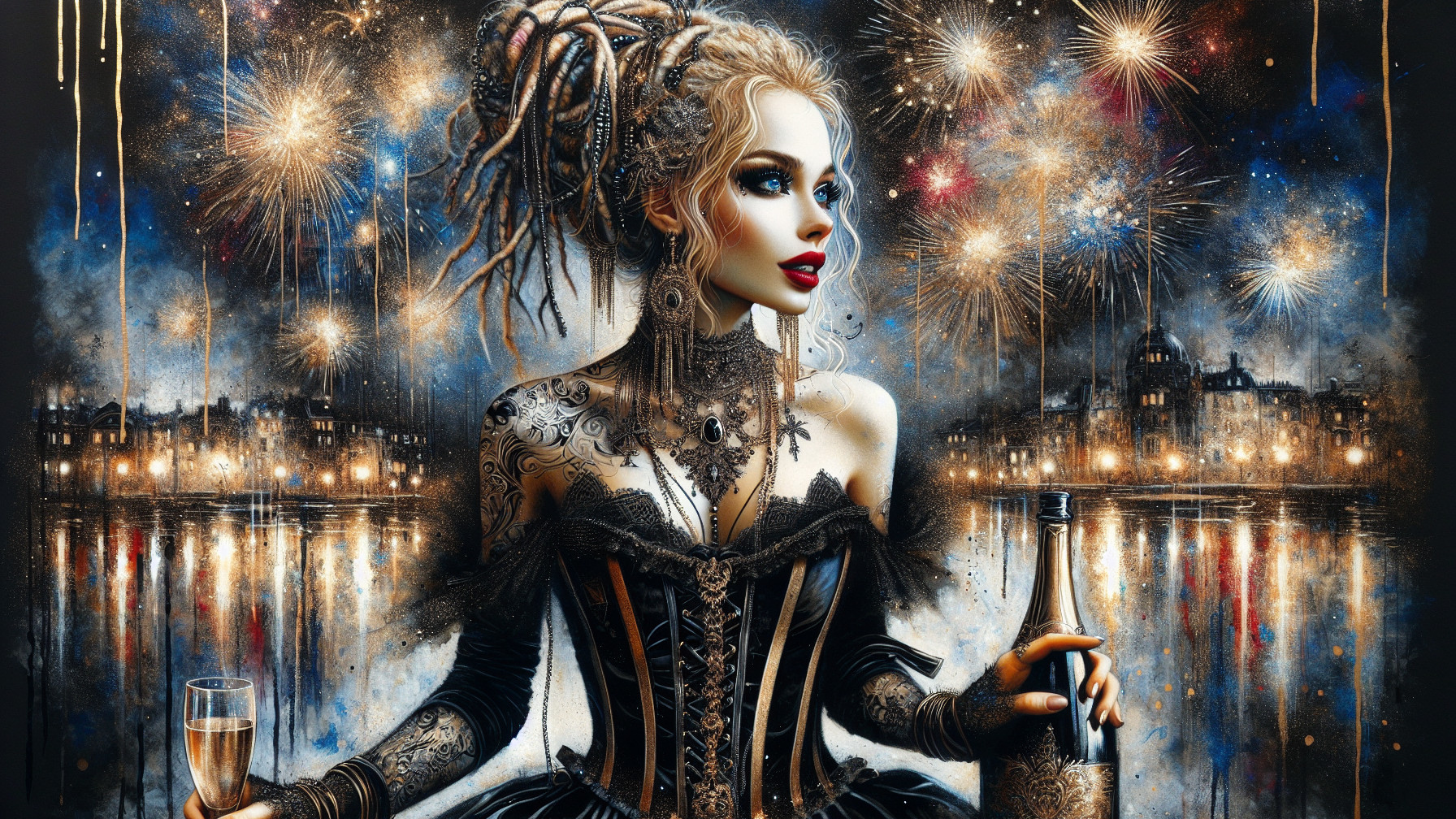 Elegant Steampunk Woman in Cityscape with Fireworks