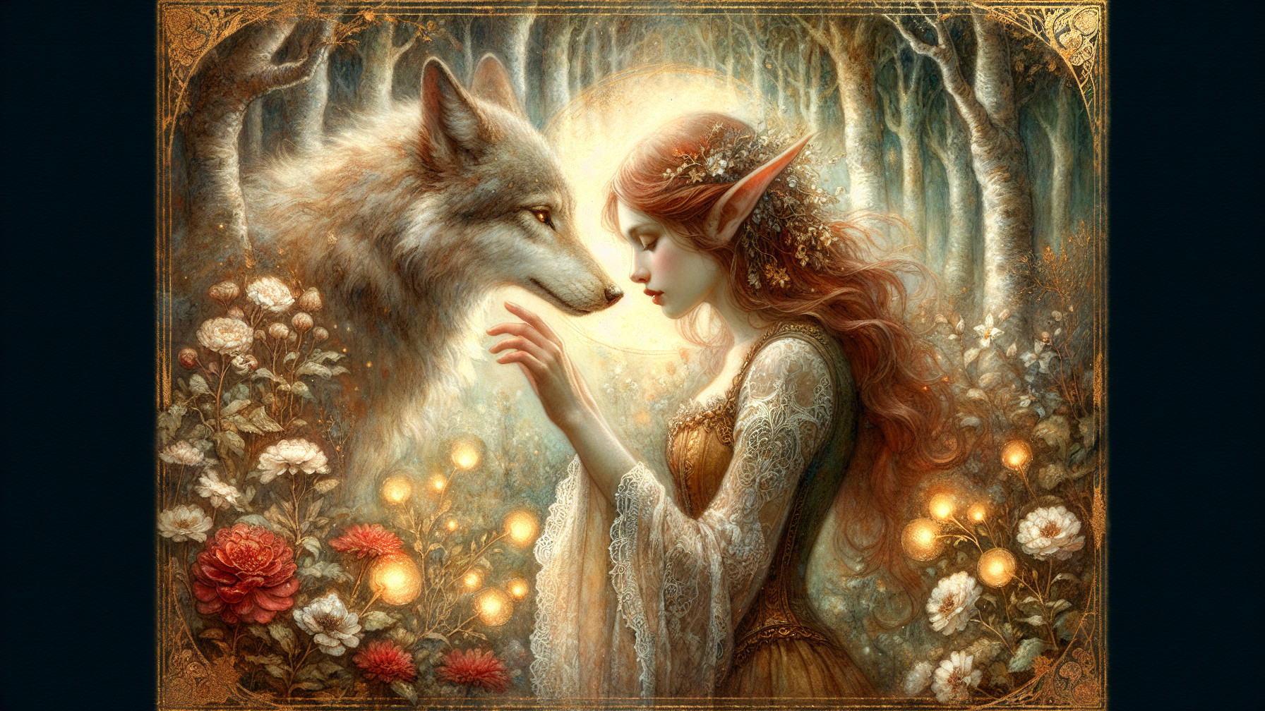 Enchanted Forest Scene with Elven Woman and Wolf