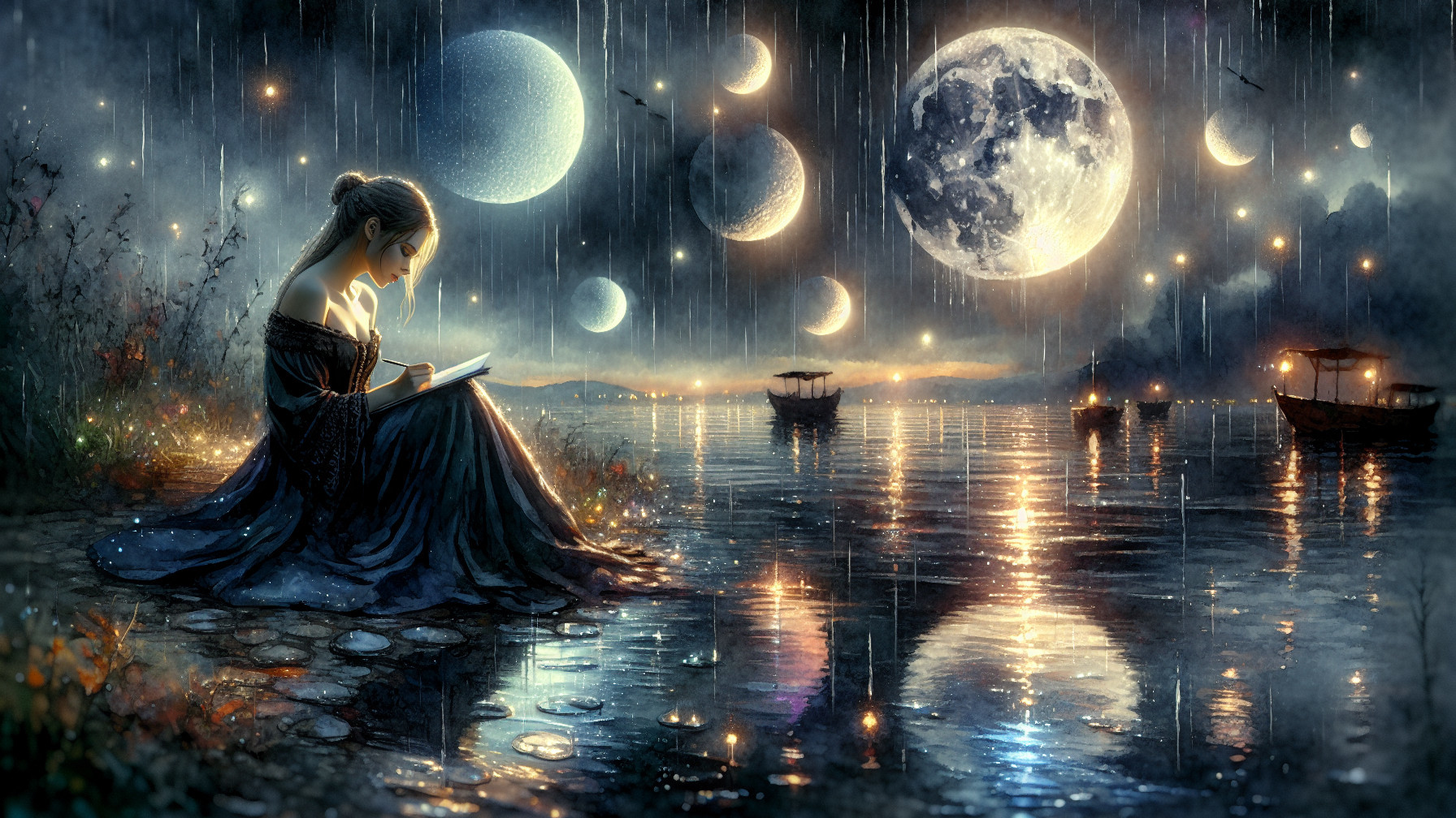 Serene Night Scene by Tranquil Water's Edge