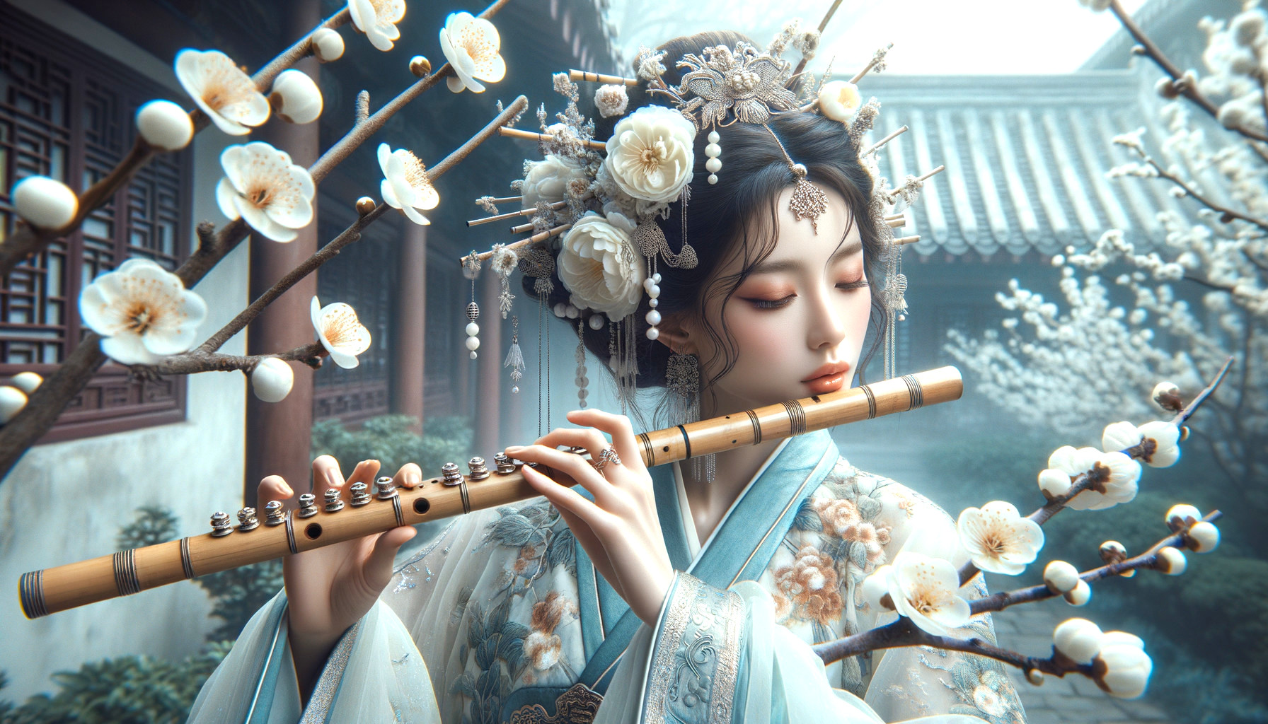 Young Woman in Traditional Attire Playing Bamboo Flute