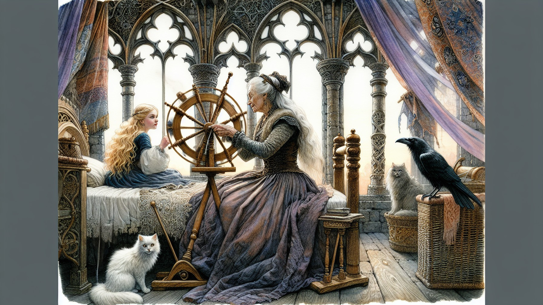 Gothic Room with Elderly Woman Spinning Flax