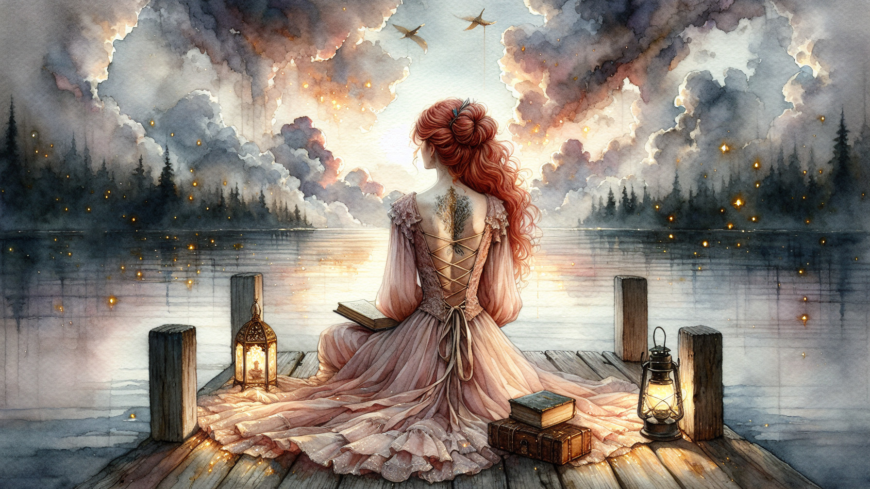 Woman with Red Hair on Dock by Tranquil Lake at Dusk