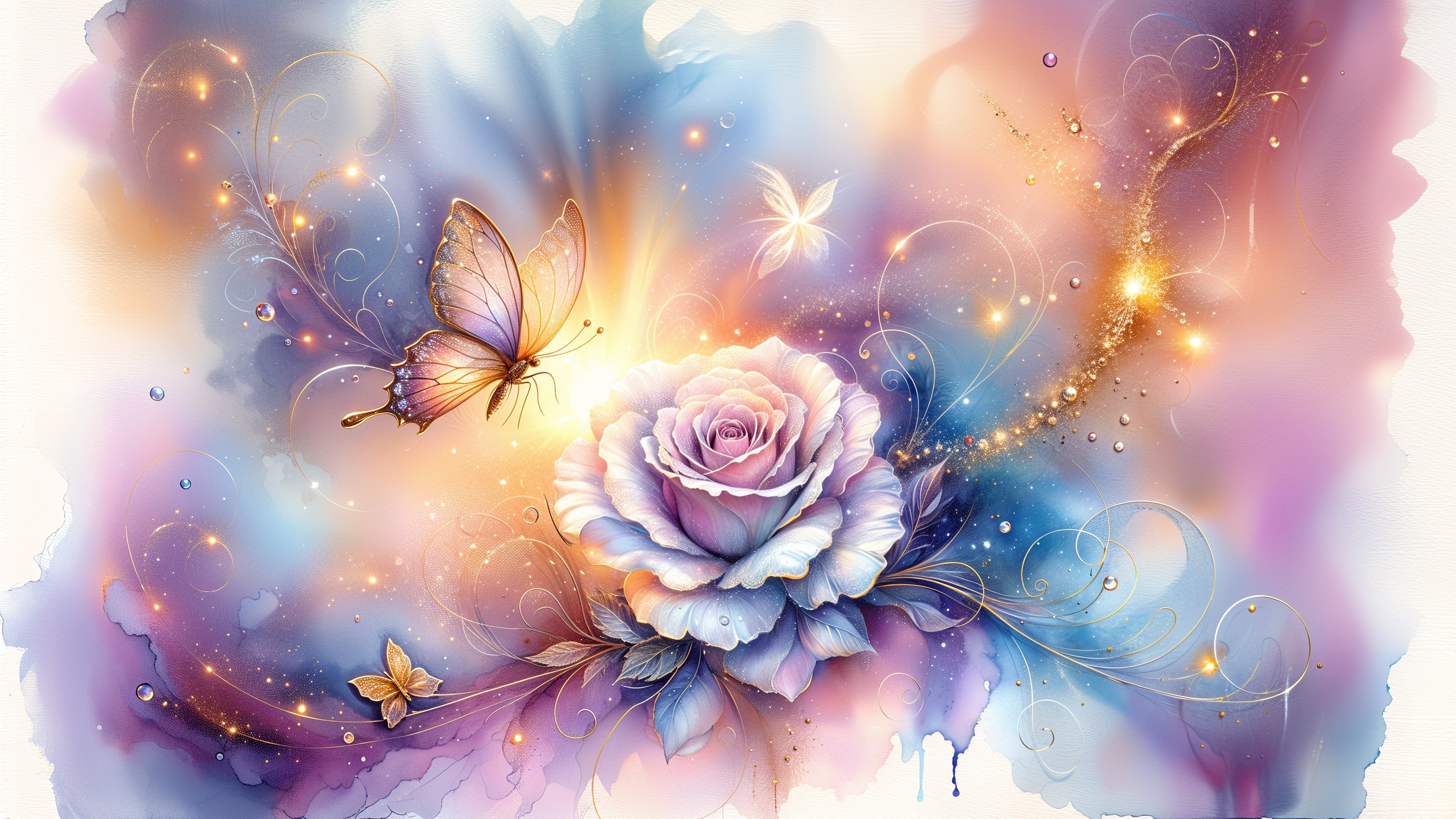 Dreamy Watercolor Illustration of Lavender Rose and Butterflies