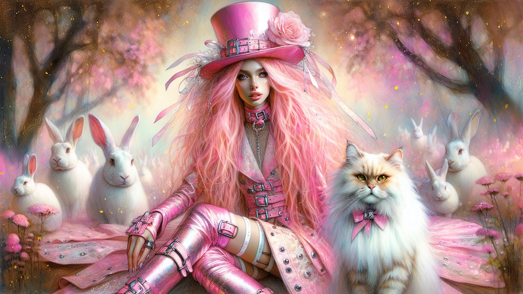 Whimsical Scene with Pink-Haired Figure and Animals
