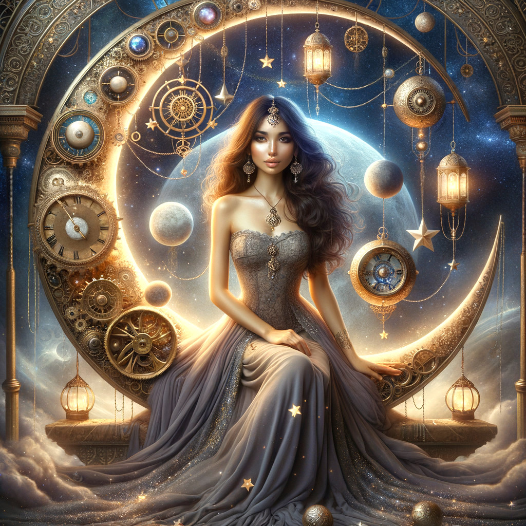 Mystical Woman on Crescent Moon with Clockwork Gears