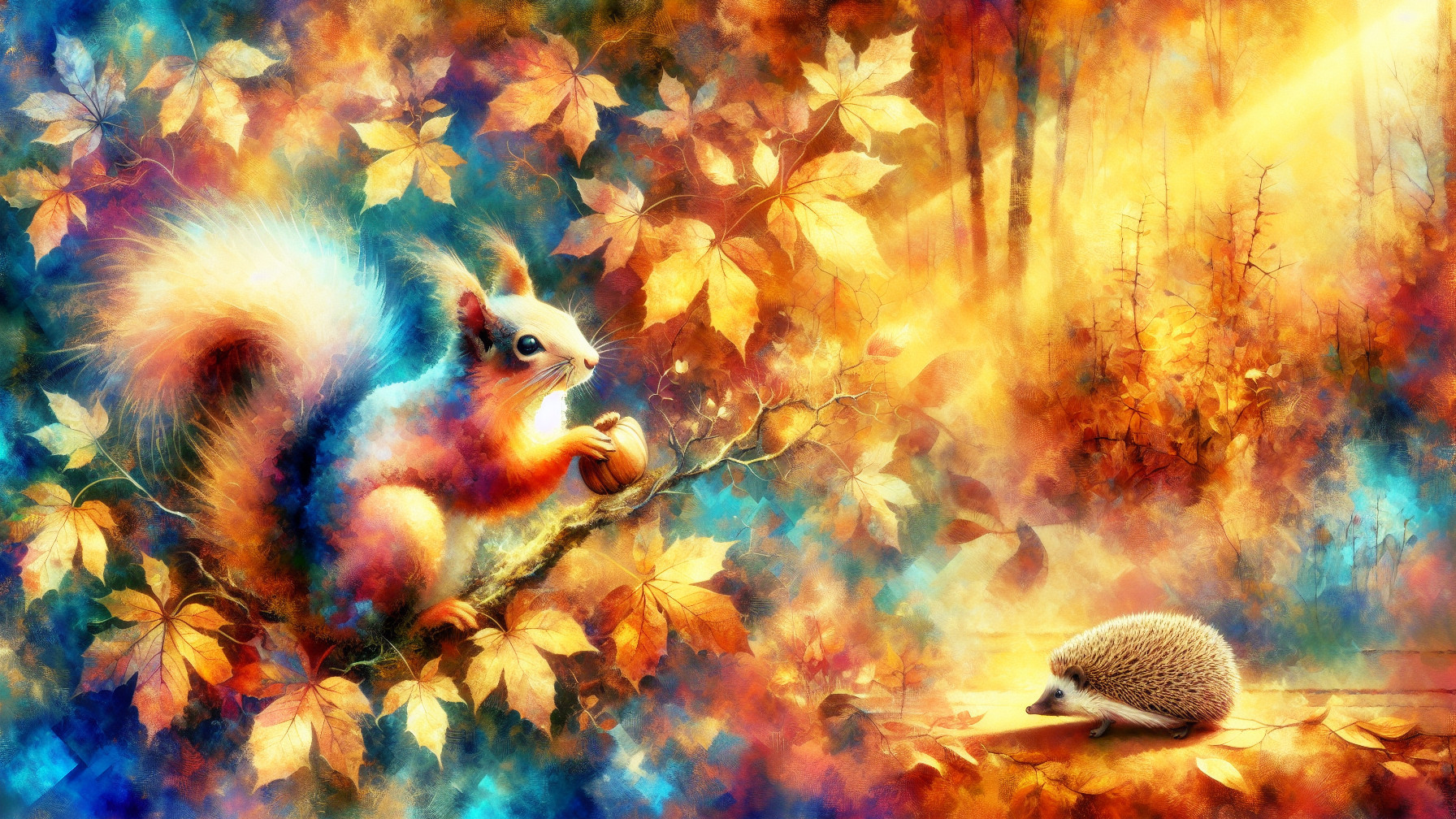 Autumn Landscape with Squirrel and Hedgehog Details